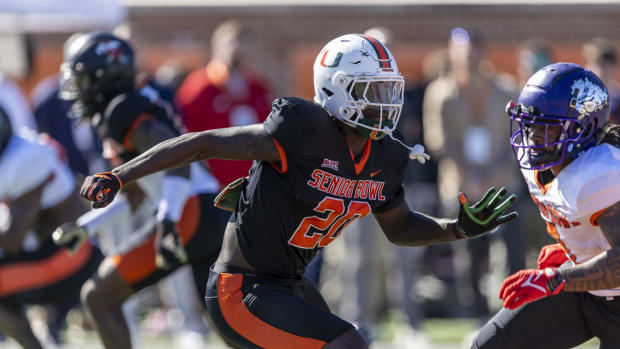 Jan 31, 2024; Mobile, AL, USA; American linebacker James Williams of Miami (20) defends in the passing drills during practice for the American team at Hancock Whitney Stadium.